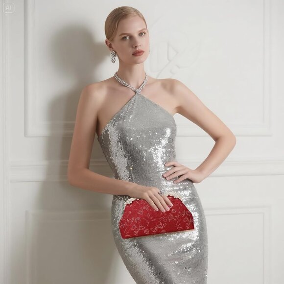 ⚡ Women's Red Fabric Lace Pearl Chain Rhinestones Shoulder Clutch Bag - Picture 6 of 9